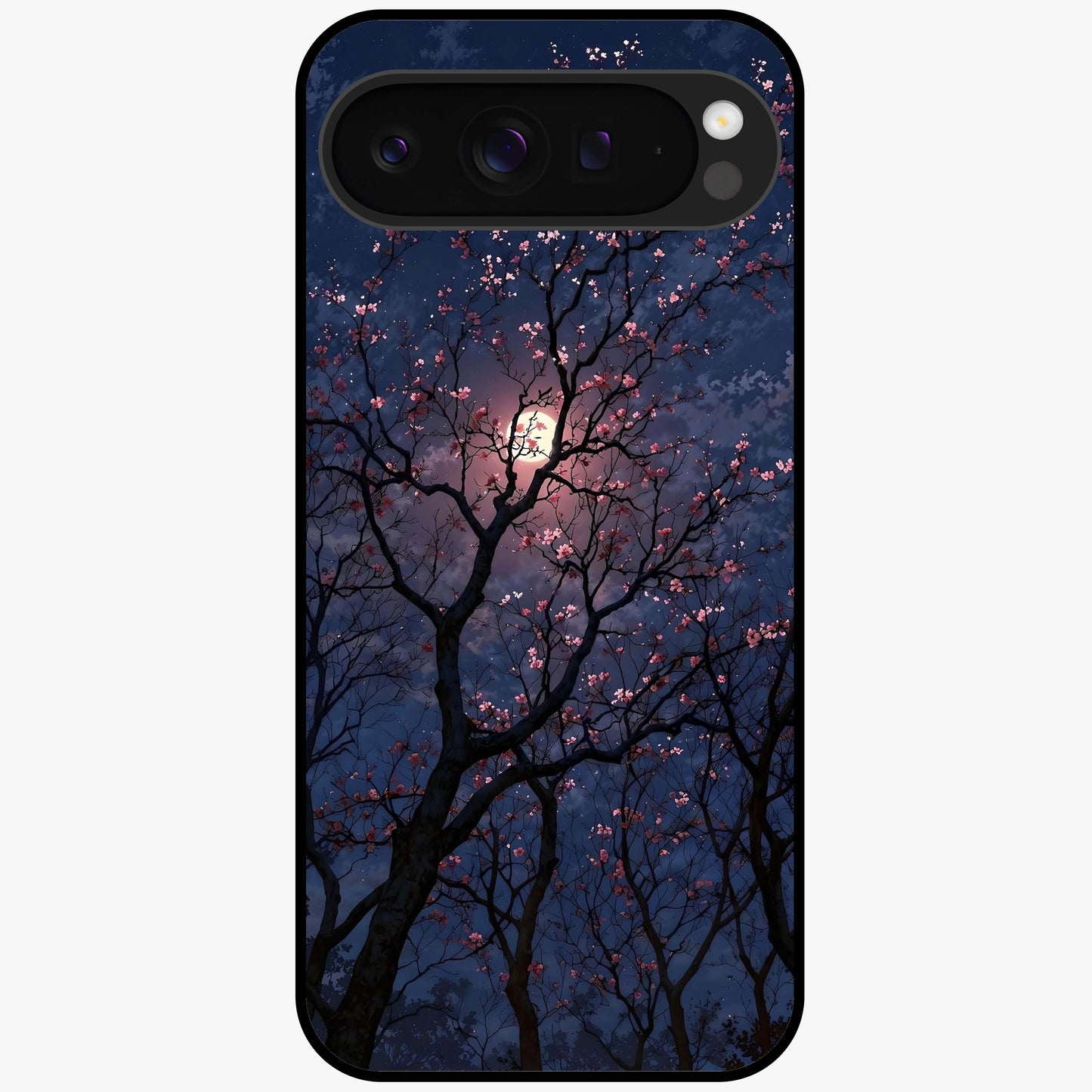 Twilight Sakura Serenade Glass Case showing flat back view with cherry blossom artwork at twilight and glossy glass finish.