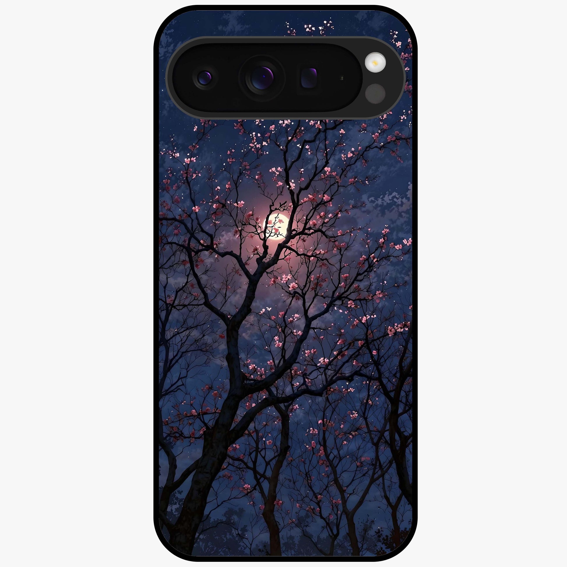 Twilight Sakura Serenade Glass Case showing flat back view with cherry blossom artwork at twilight and glossy glass finish.