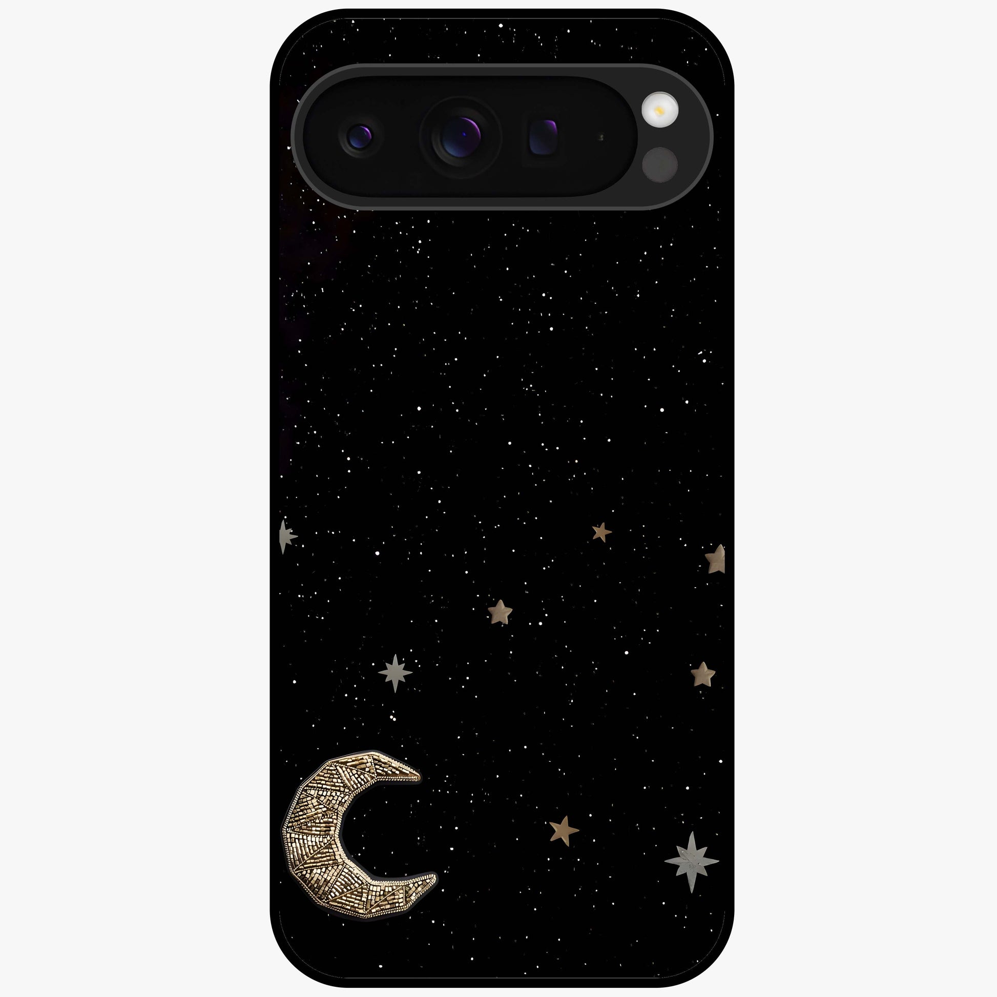 Twinkle Star With Half Moon Glass Case showing flat back view with star and half moon artwork and glossy glass finish.