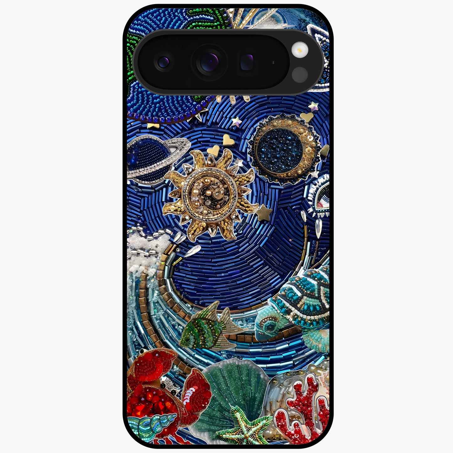 Universe Underwater Spark Glass Case showing flat back view with cosmic underwater themed artwork and glossy glass finish.