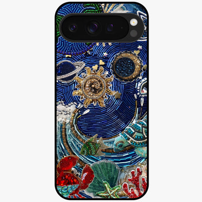 Universe Underwater Spark Glass Case showing flat back view with cosmic underwater themed artwork and glossy glass finish.