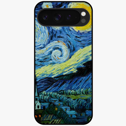Van Gogh Art Glass Case showing flat back view with classic painterly artwork inspired by Van Gogh style and glossy glass finish.