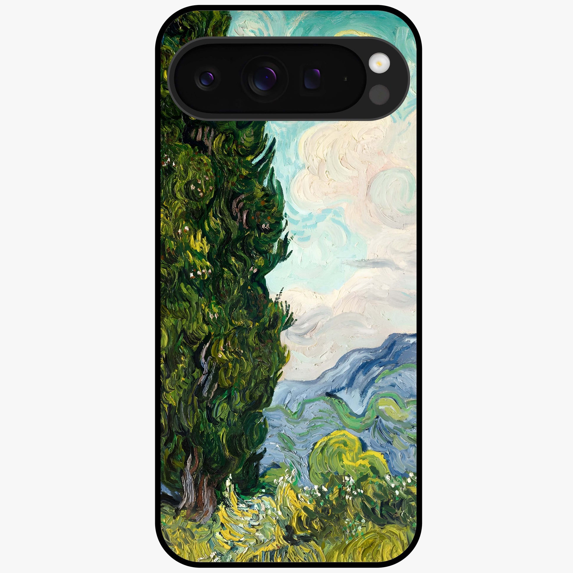 Van Gogh Vintage Art Glass Case showing flat back view with vintage painterly artwork inspired by Van Gogh style and glossy glass finish.