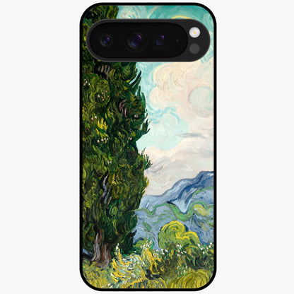 Van Gogh Vintage Art Glass Case showing flat back view with vintage painterly artwork inspired by Van Gogh style and glossy glass finish.