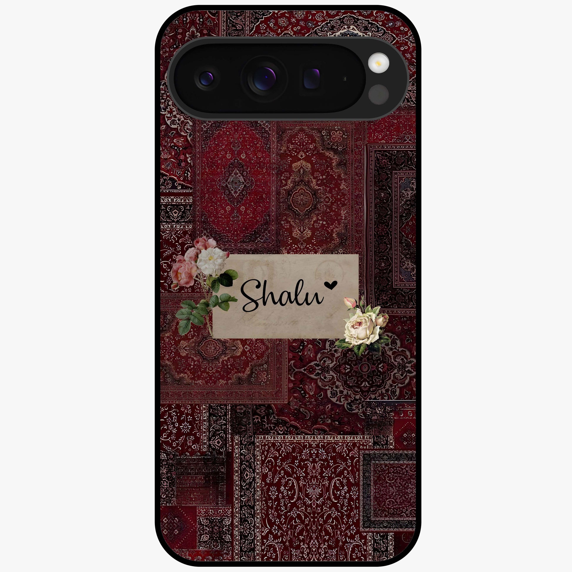 Velvet Wine Pattern Custom Name Glass Case showing flat back view with elegant wine colored pattern artwork and personalized name design.