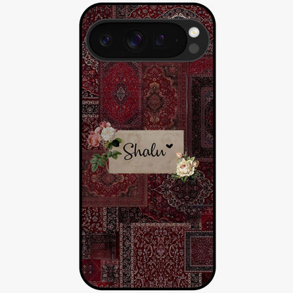 Velvet Wine Pattern Custom Name Glass Case showing flat back view with elegant wine colored pattern artwork and personalized name design.