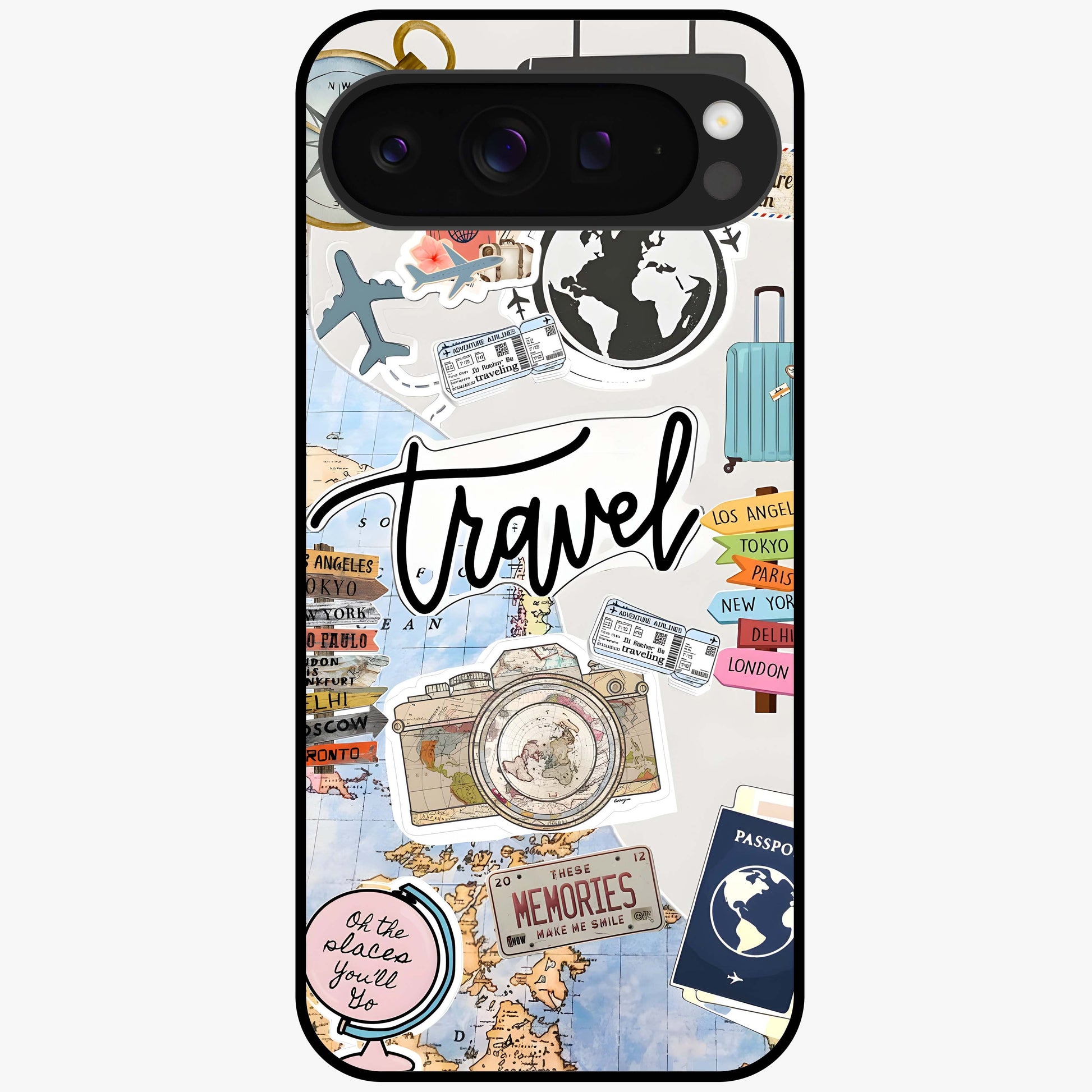 Wanderlust Journal Glass Case showing flat back view with travel inspired artwork and glossy glass finish.