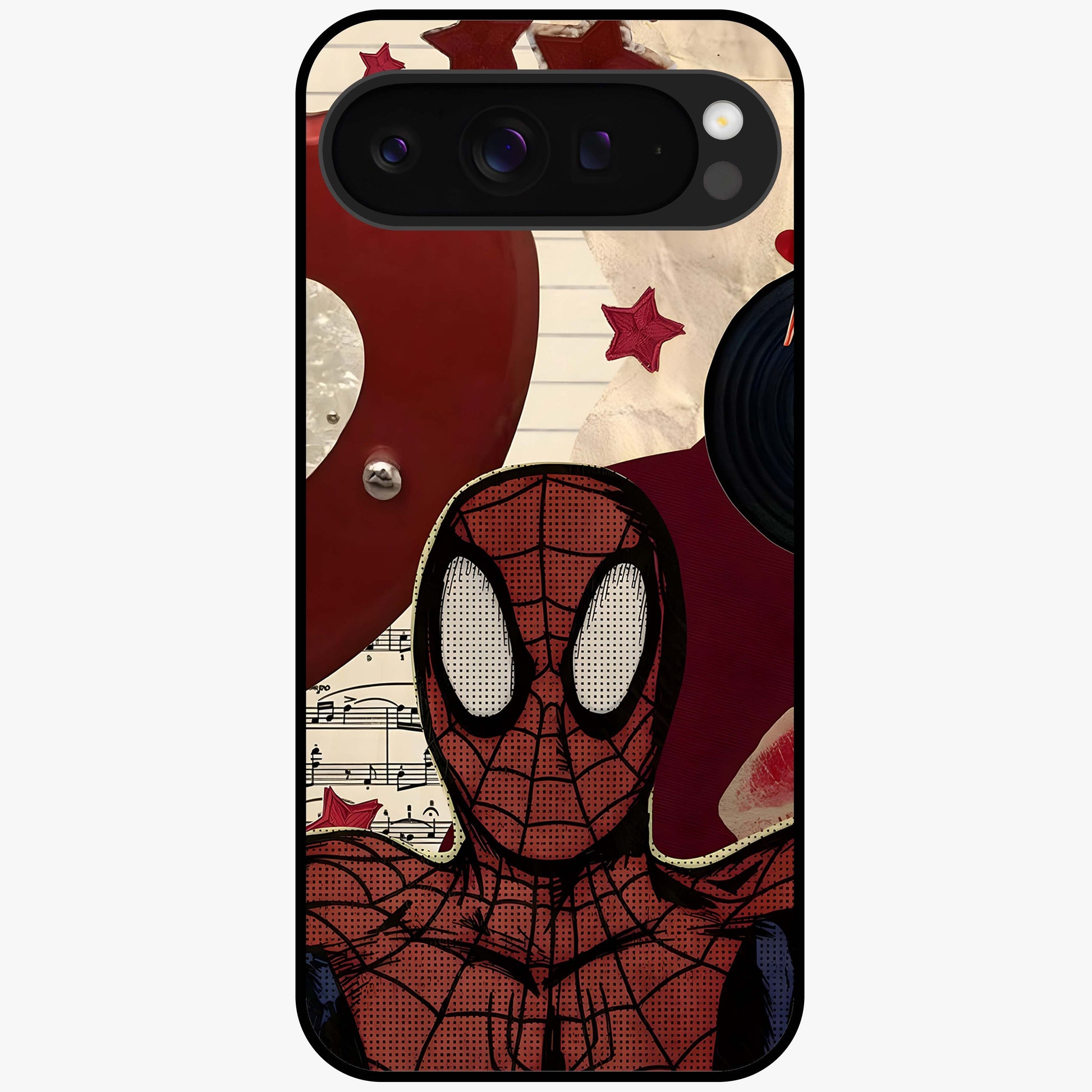 Web Warrior Vibes Glass Case showing flat back view with superhero inspired web themed artwork and glossy glass finish.