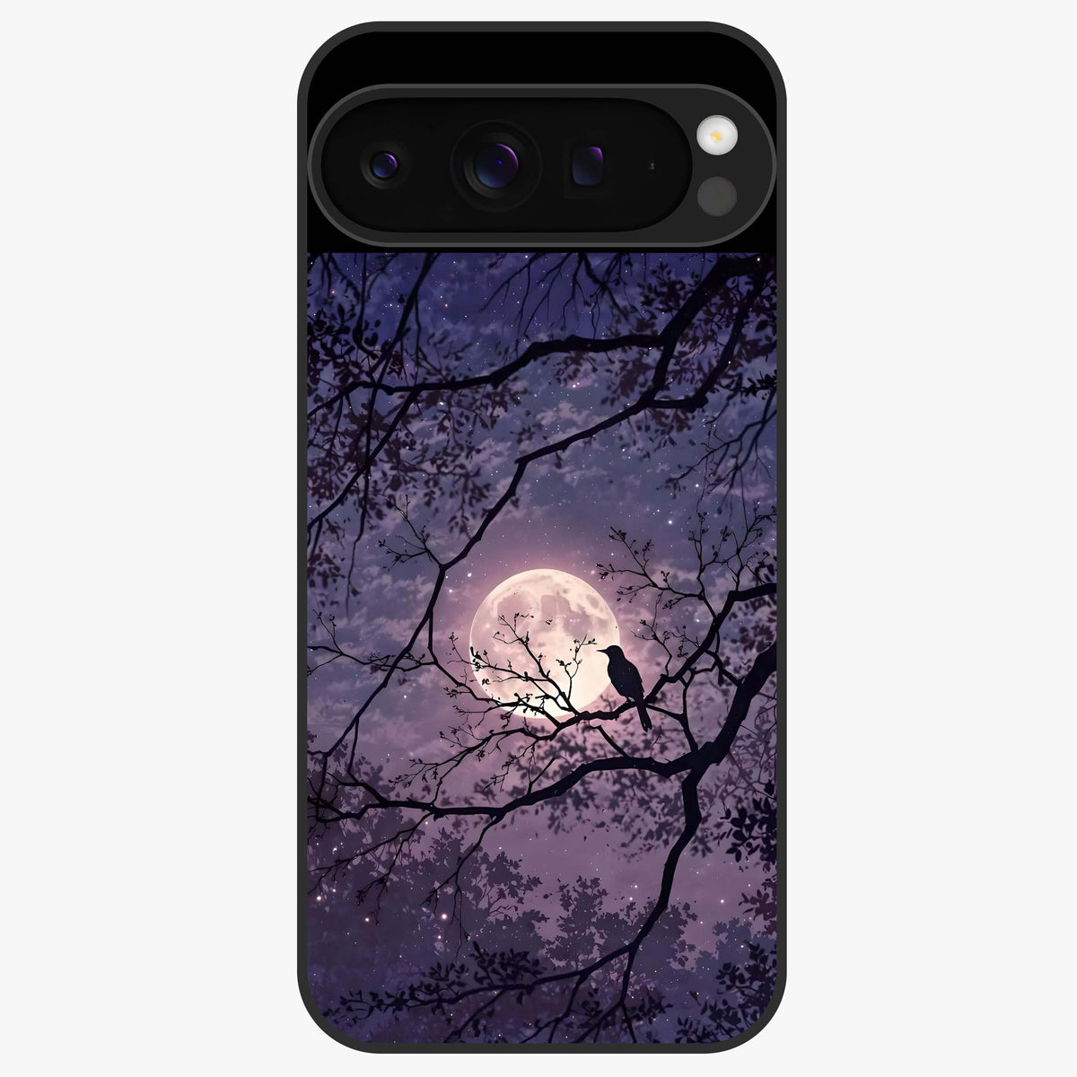Whispering Moon Silence Glass Case showing flat back view with serene moon themed artwork and glossy glass finish.