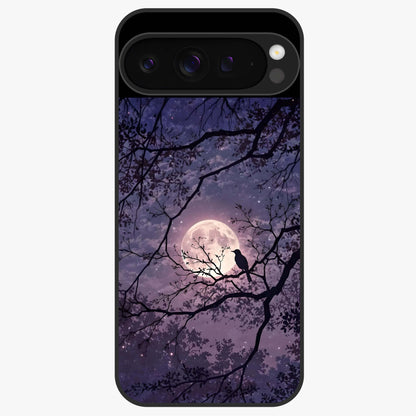 Whispering Moon Silence Glass Case showing flat back view with serene moon themed artwork and glossy glass finish.