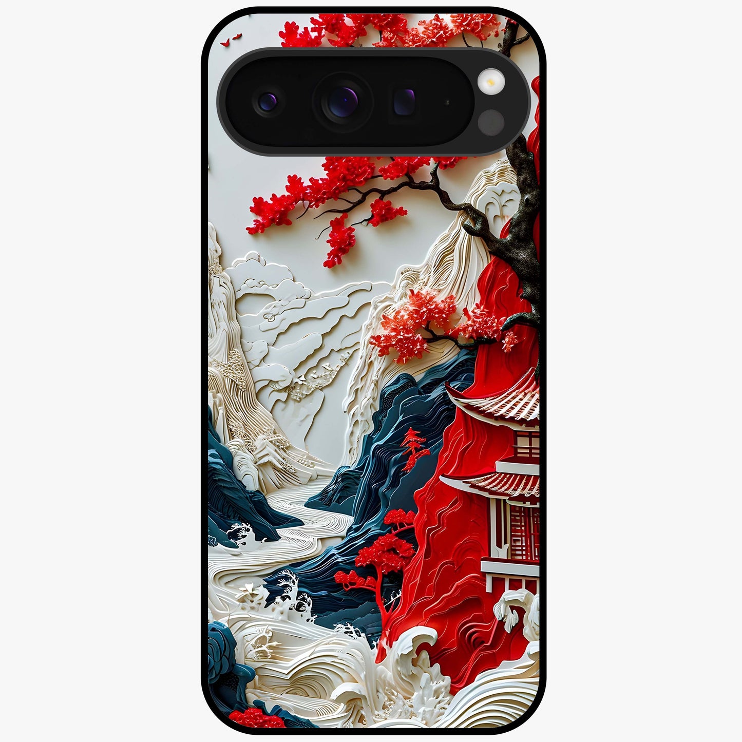 Whispers Of Sakura Waves Glass Case showing flat back view with cherry blossom wave artwork and glossy glass finish.