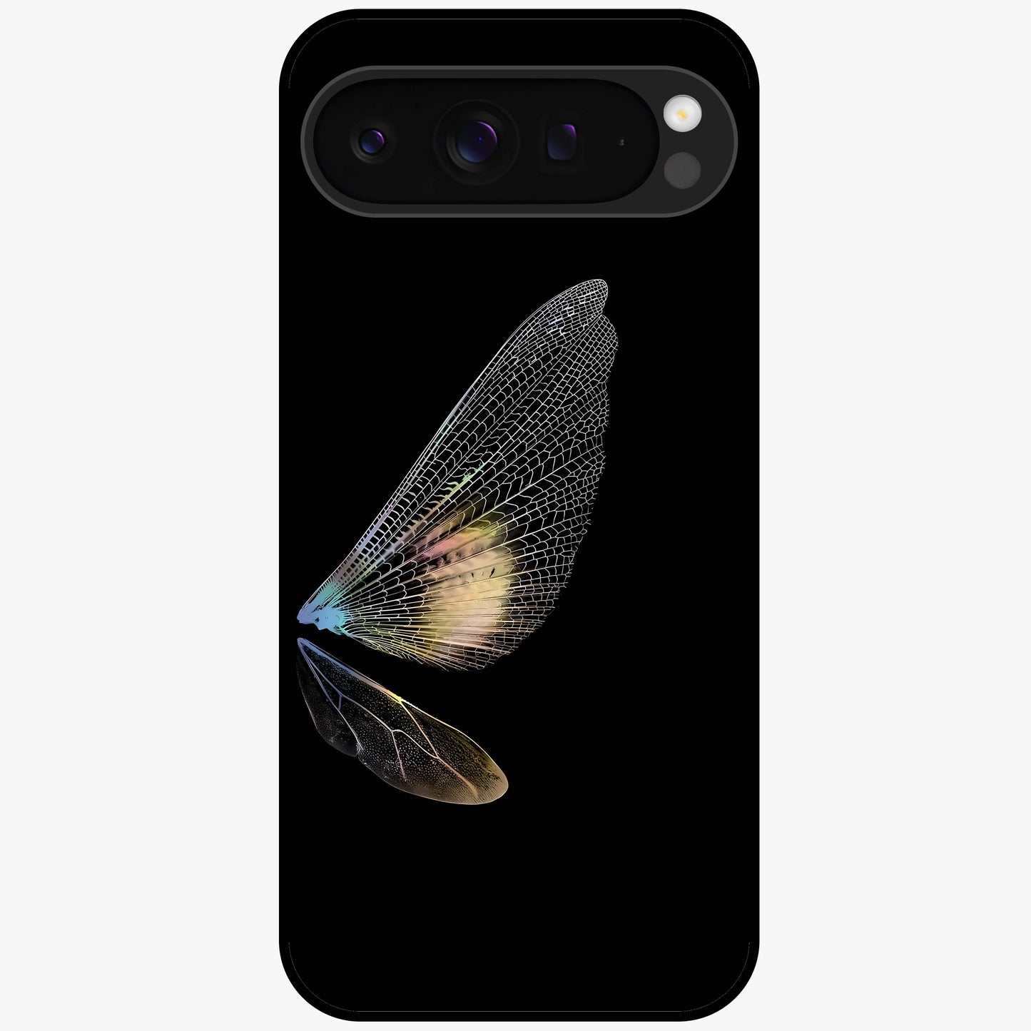 Whispers Of Wings Glass Case showing flat back view with graceful wing inspired artwork and glossy glass finish.