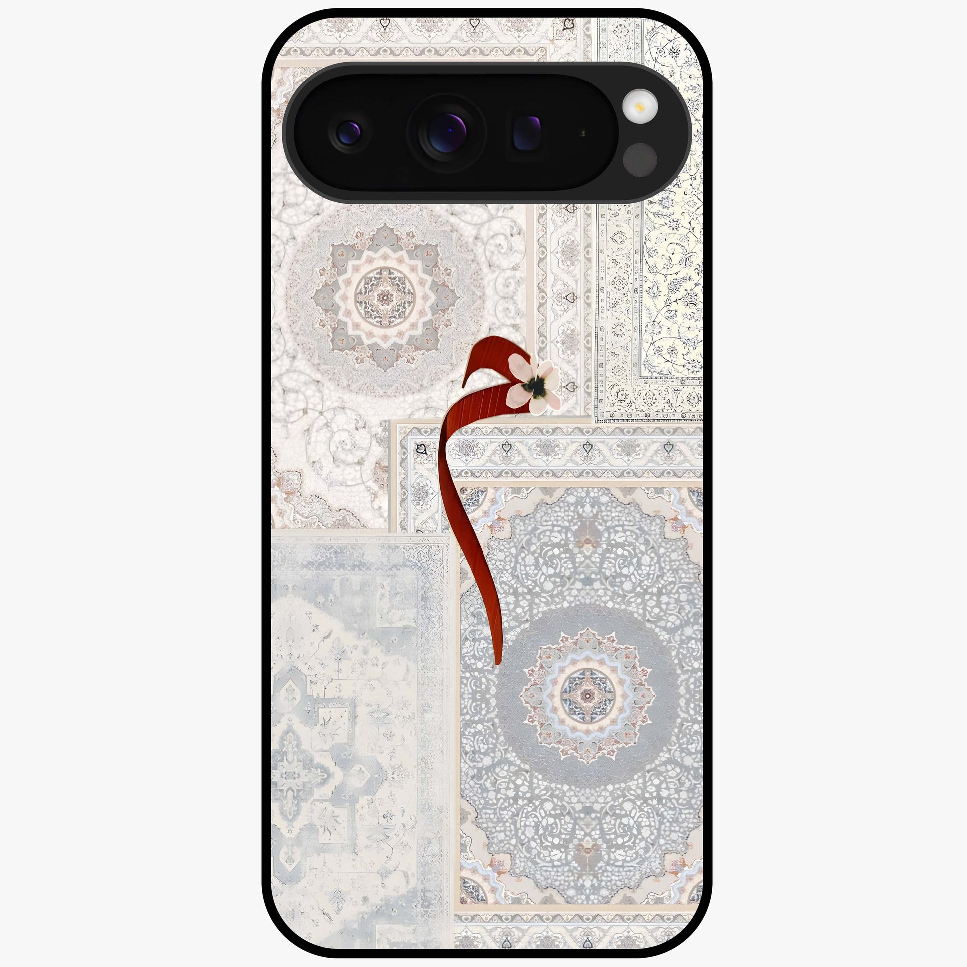 White Aesthetic Bow Glass Case showing flat back view with minimal bow artwork and glossy glass finish.