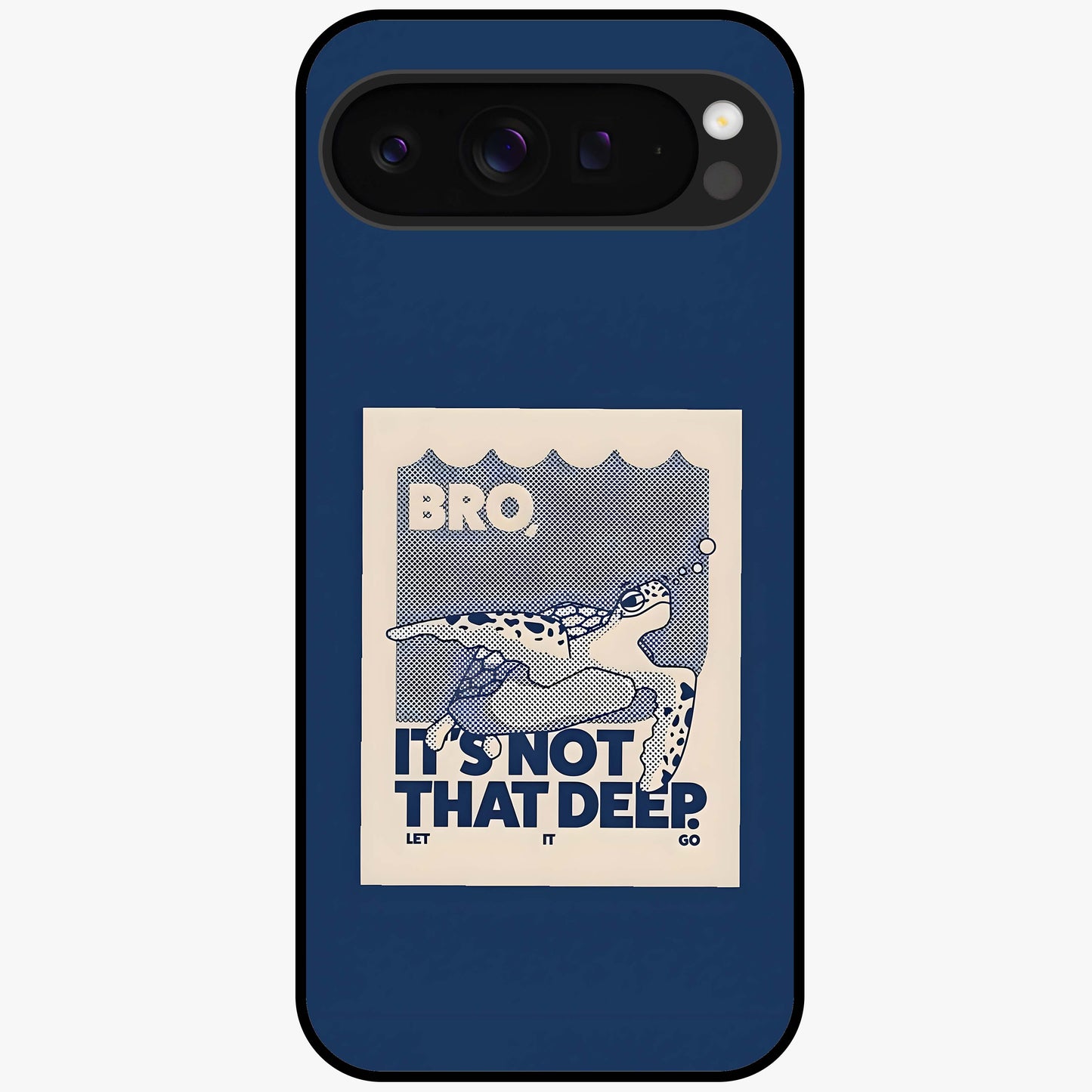 Worry Less Swim Glass Case showing flat back view with playful motivational artwork and glossy glass finish.