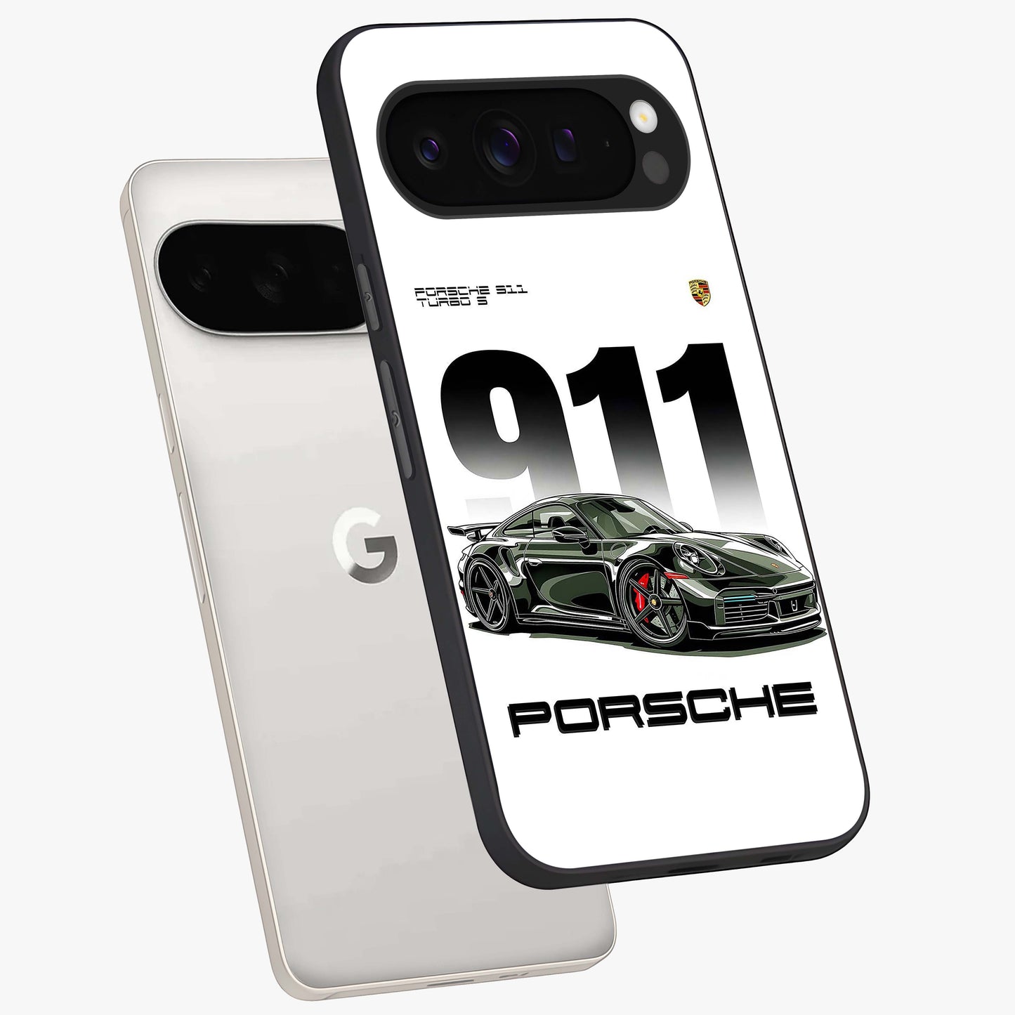 911 Turbo Dominance Glass Case displayed in premium angled mockup highlighting sporty car illustration and sleek glass surface.