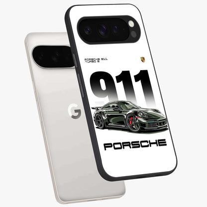 911 Turbo Dominance Glass Case displayed in premium angled mockup highlighting sporty car illustration and sleek glass surface.