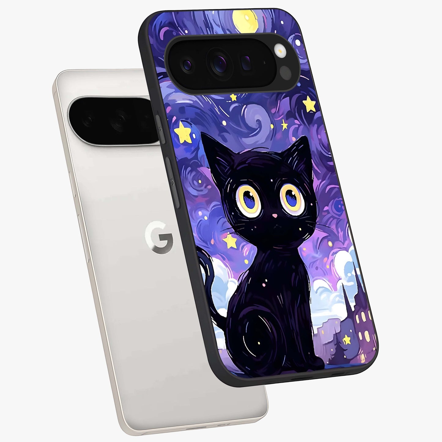 Abstract Cat Art Glass Case displayed in angled mockup highlighting modern abstract cat artwork and sleek glass surface.