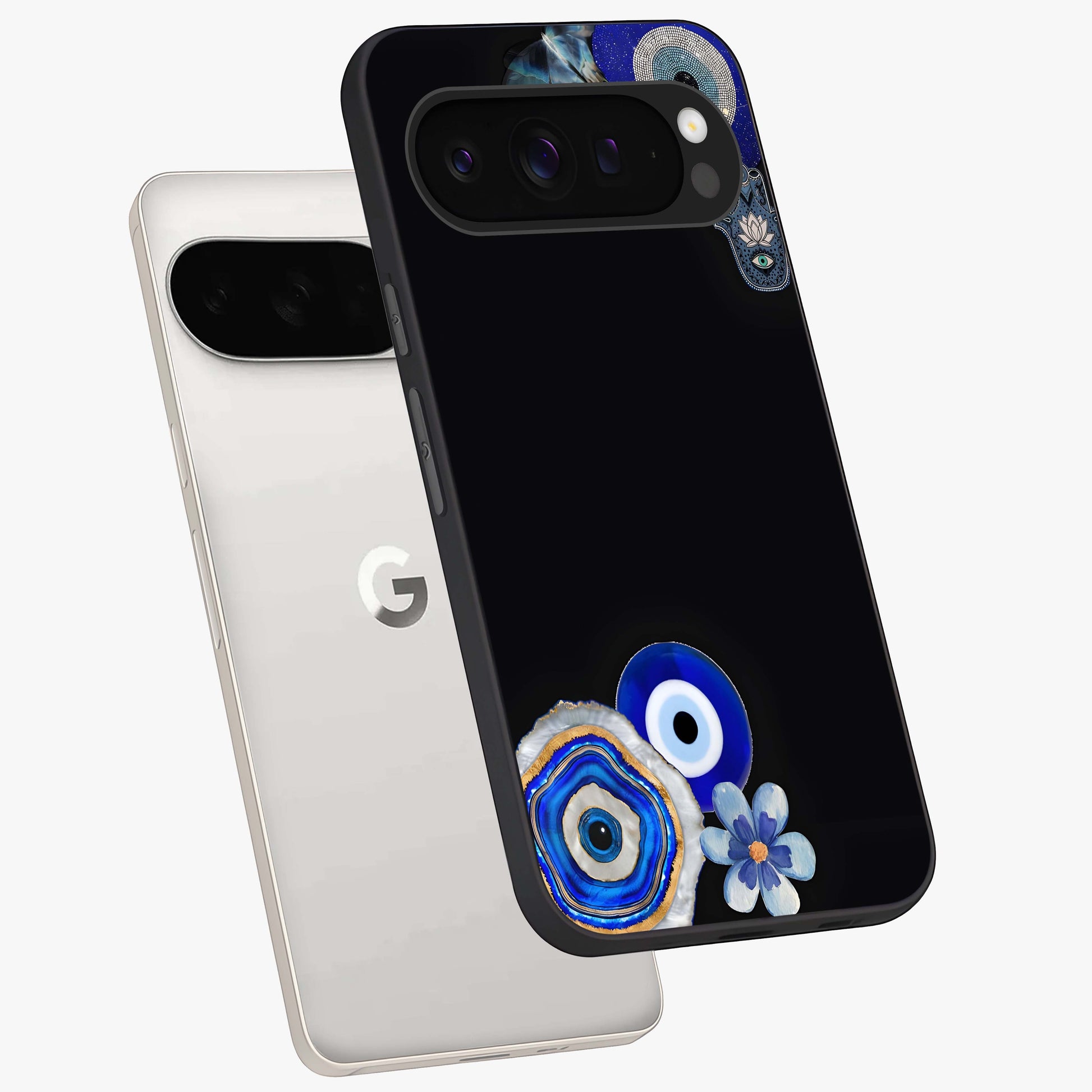 Aesthetic Blue Evil Eye Glass Case displayed in angled mockup highlighting blue evil eye symbol and spiritual aesthetic design.