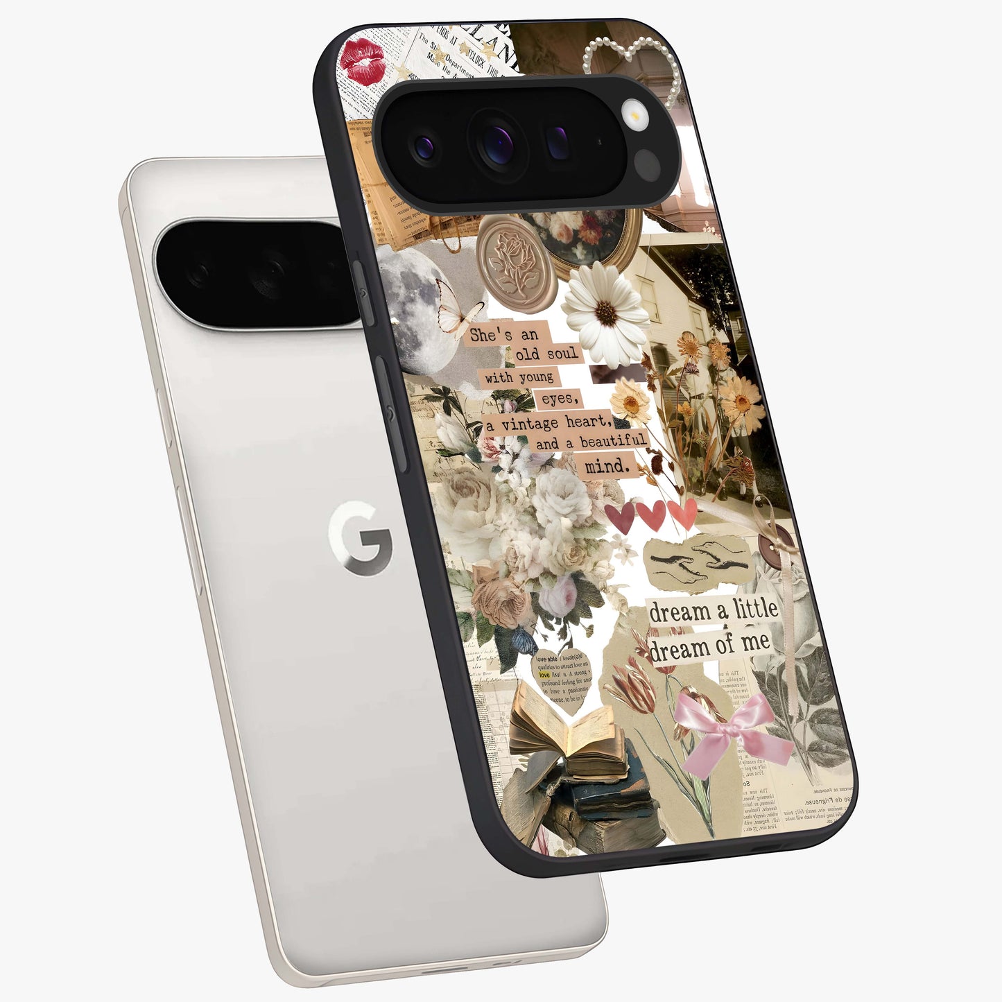 Aesthetic Brown Vintage Collage Glass Case displayed in angled mockup highlighting vintage aesthetic collage design.