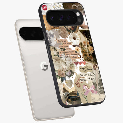 Aesthetic Brown Vintage Collage Glass Case displayed in angled mockup highlighting vintage aesthetic collage design.