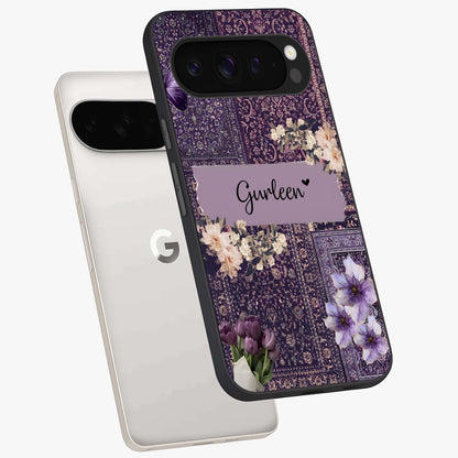 Antique Floral Whisper Custom Name Glass Case displayed in angled mockup highlighting elegant antique floral aesthetic.