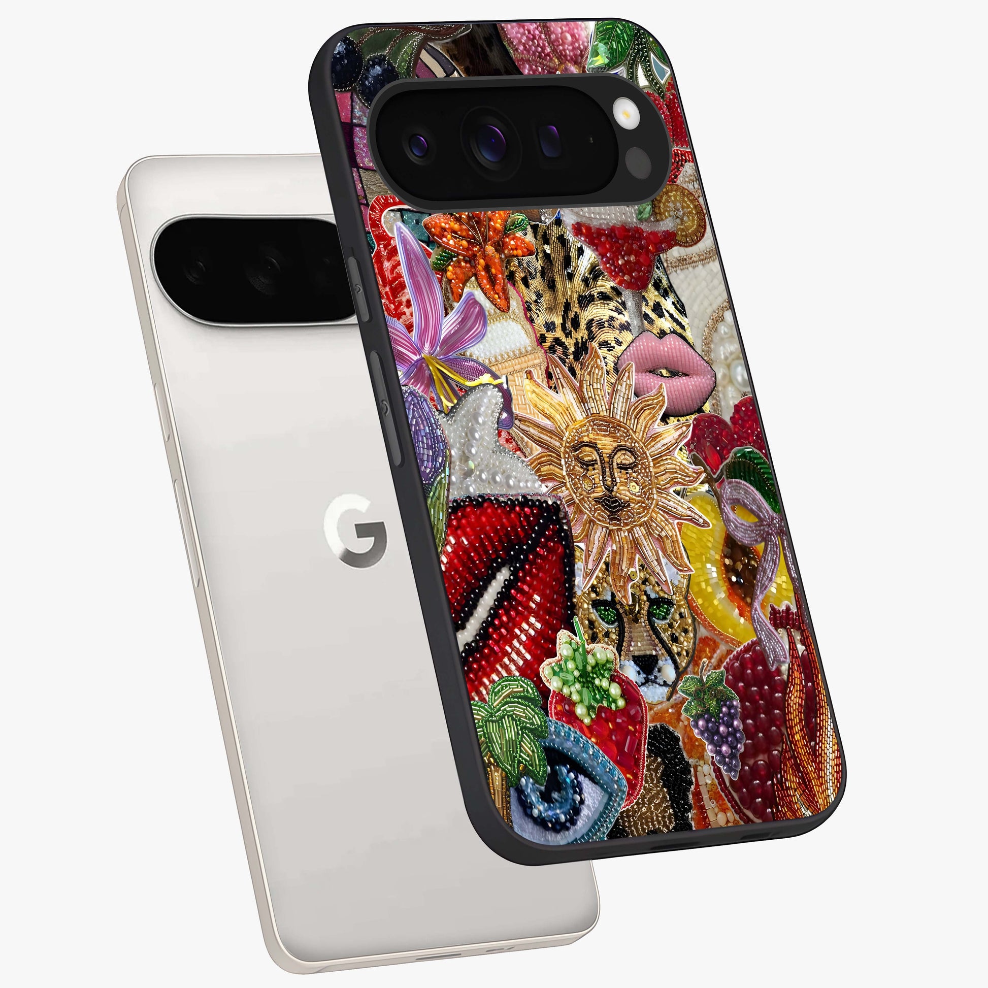 Beaded Fashion Jungle Glass Case displayed in angled mockup highlighting colorful fashion bead design and artistic pattern.