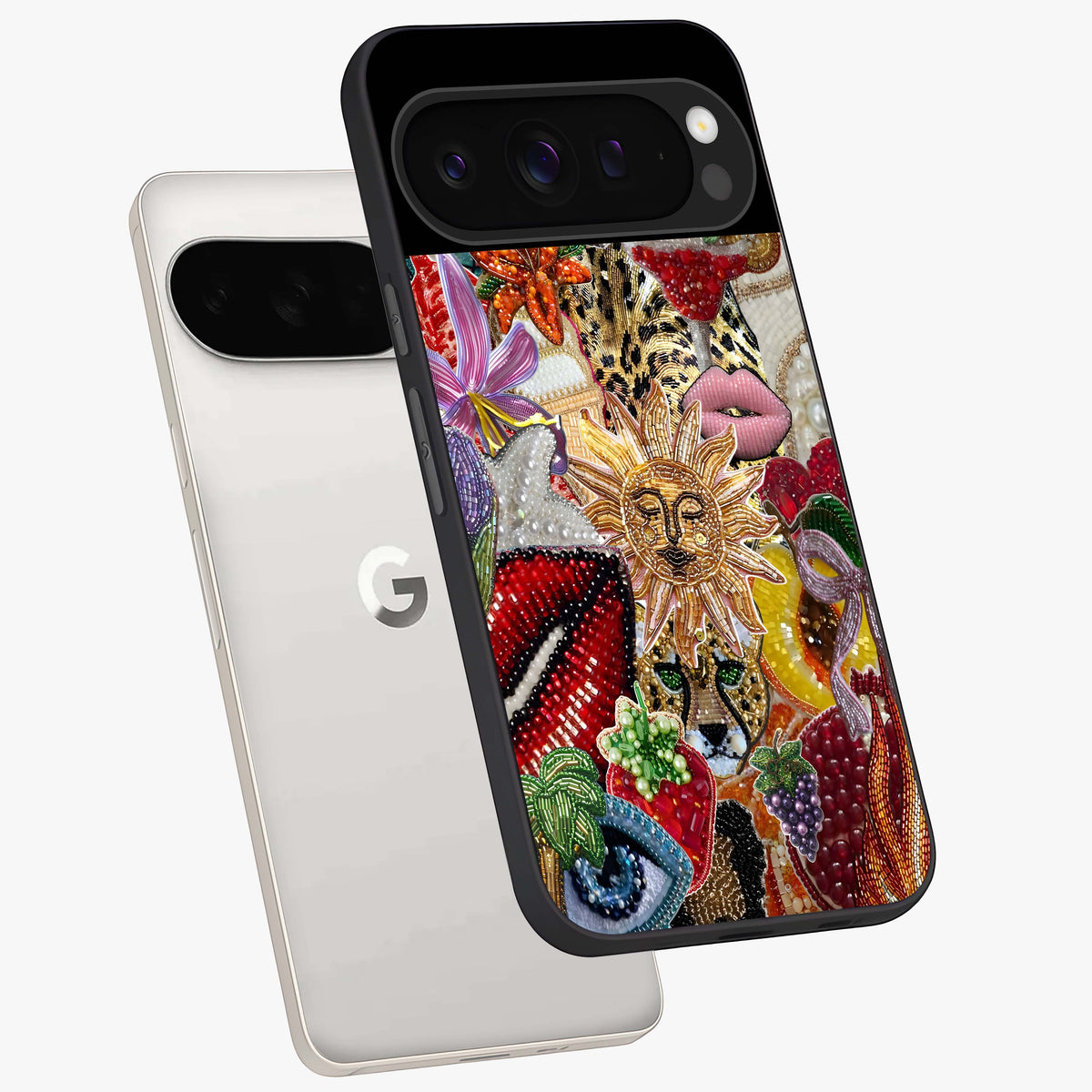 Beaded Fashion Jungle Glass Case displayed in angled mockup highlighting colorful fashion bead design and artistic pattern.