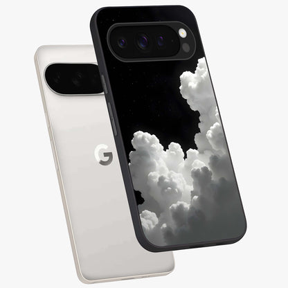 Black Background With White Cloud Glass Case displayed in angled mockup highlighting soft white cloud illustration and minimal design.