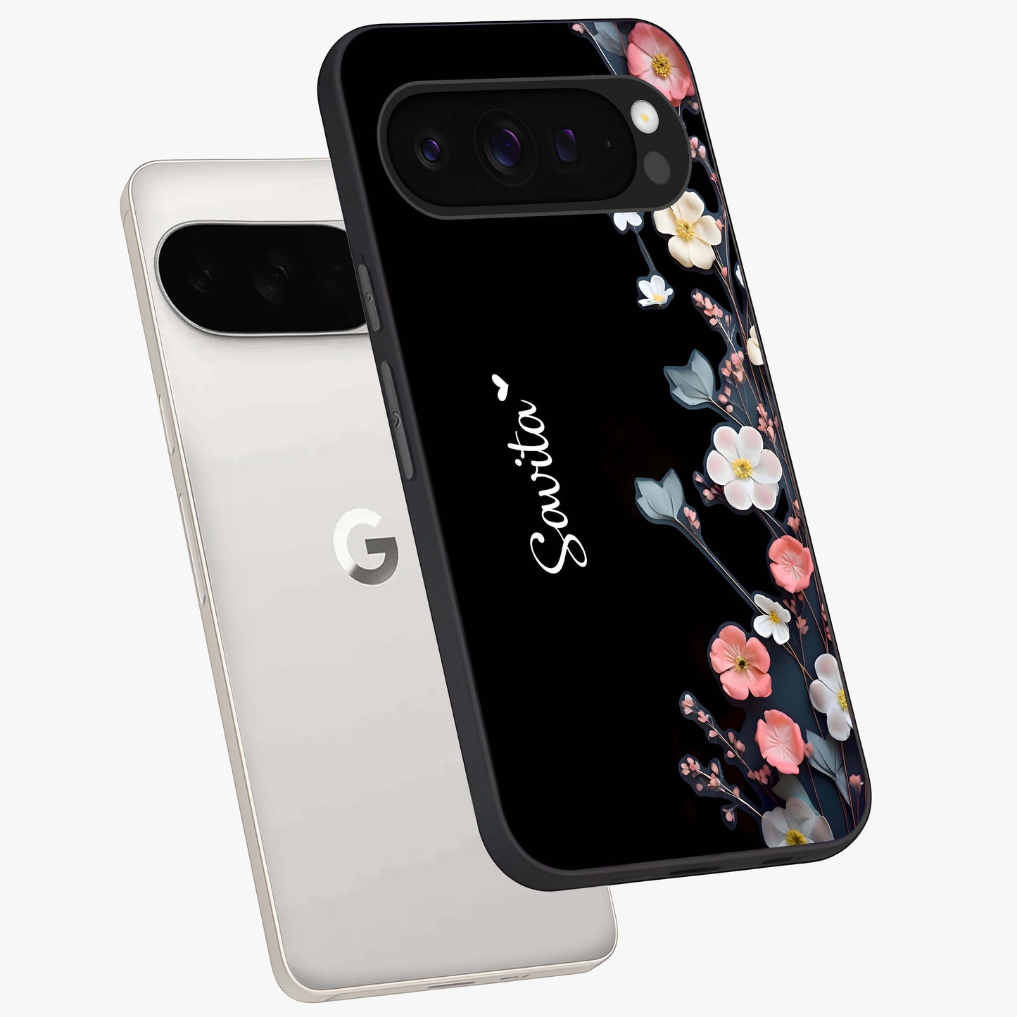 Black Elegance Floral Custom Name Glass Case displayed in angled mockup highlighting dark floral aesthetic and custom name feature.