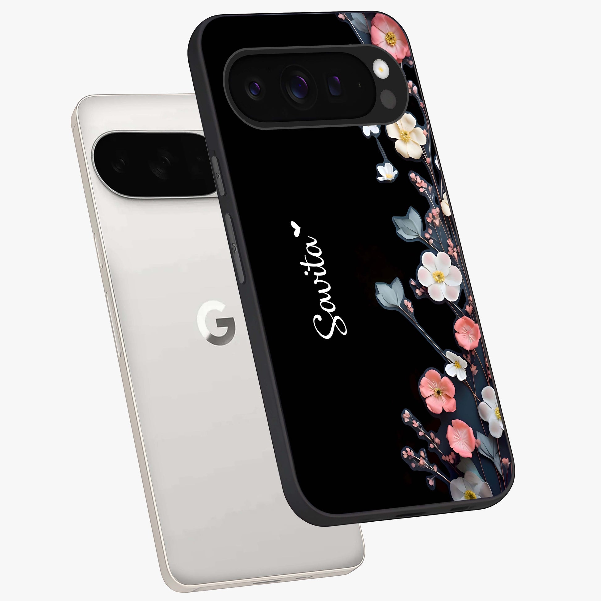 Black Elegance Floral Custom Name Glass Case displayed in angled mockup highlighting dark floral aesthetic and custom name feature.