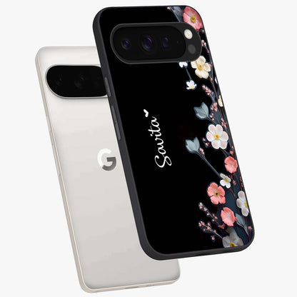Black Elegance Floral Custom Name Glass Case displayed in angled mockup highlighting dark floral aesthetic and custom name feature.