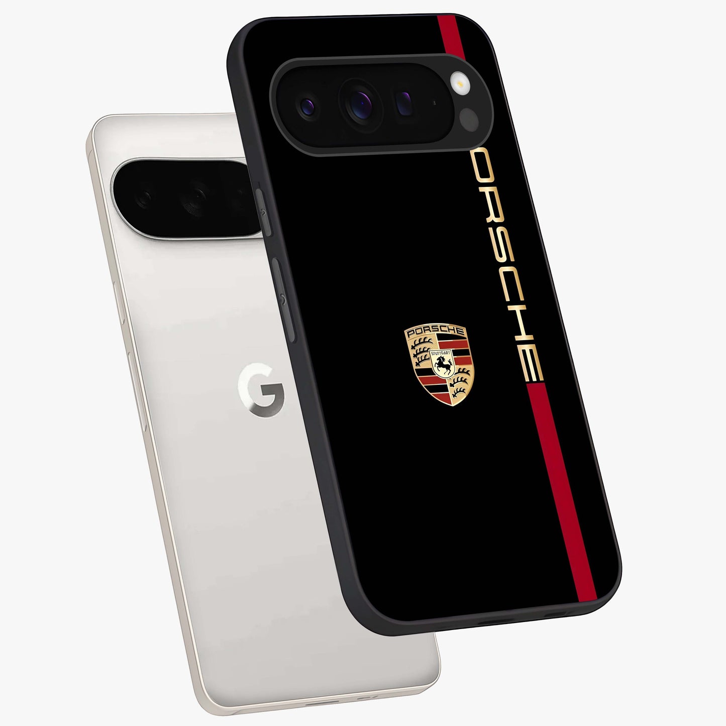 Black Minimal Porsche Glass Case displayed in angled mockup highlighting modern minimal car illustration and clean aesthetic design.
