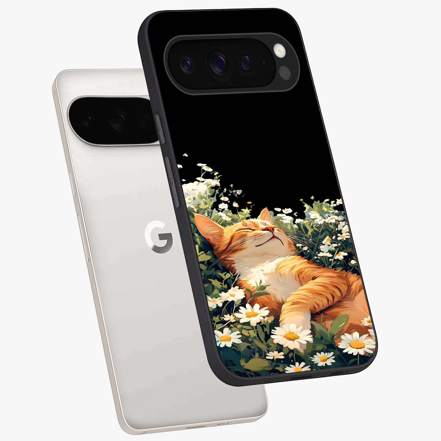 Blissful Bloom Cat Glass Case displayed in angled mockup highlighting playful feline illustration with soft floral aesthetic.