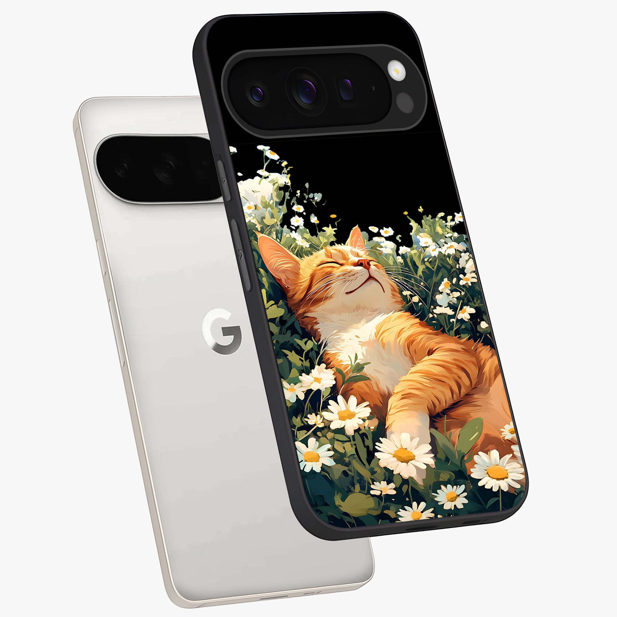 Blissful Bloom Cat Glass Case displayed in angled mockup highlighting playful feline illustration with soft floral aesthetic.