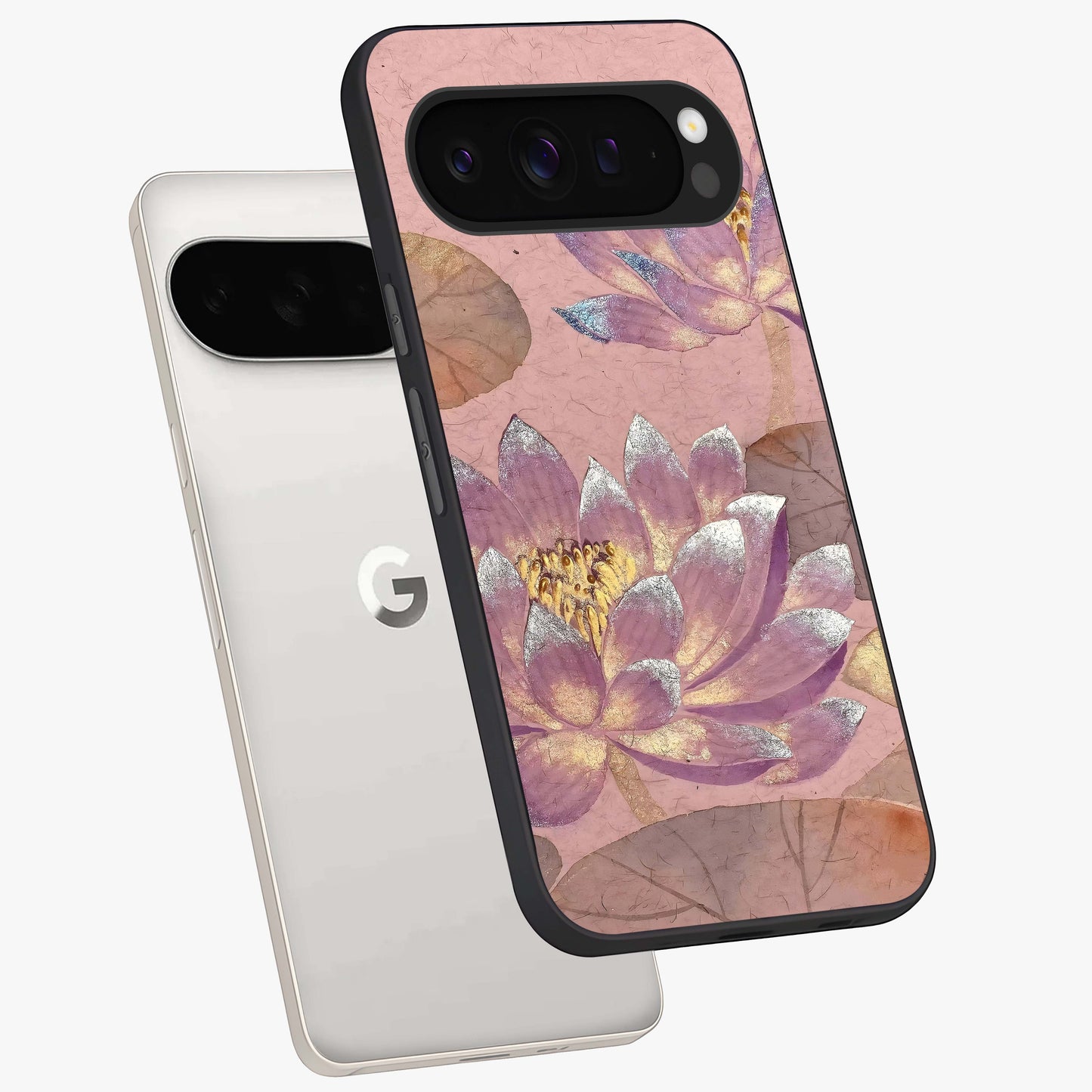 Blossom Mist Lotus Glass Case displayed in angled mockup highlighting delicate lotus illustration with calm aesthetic theme.
