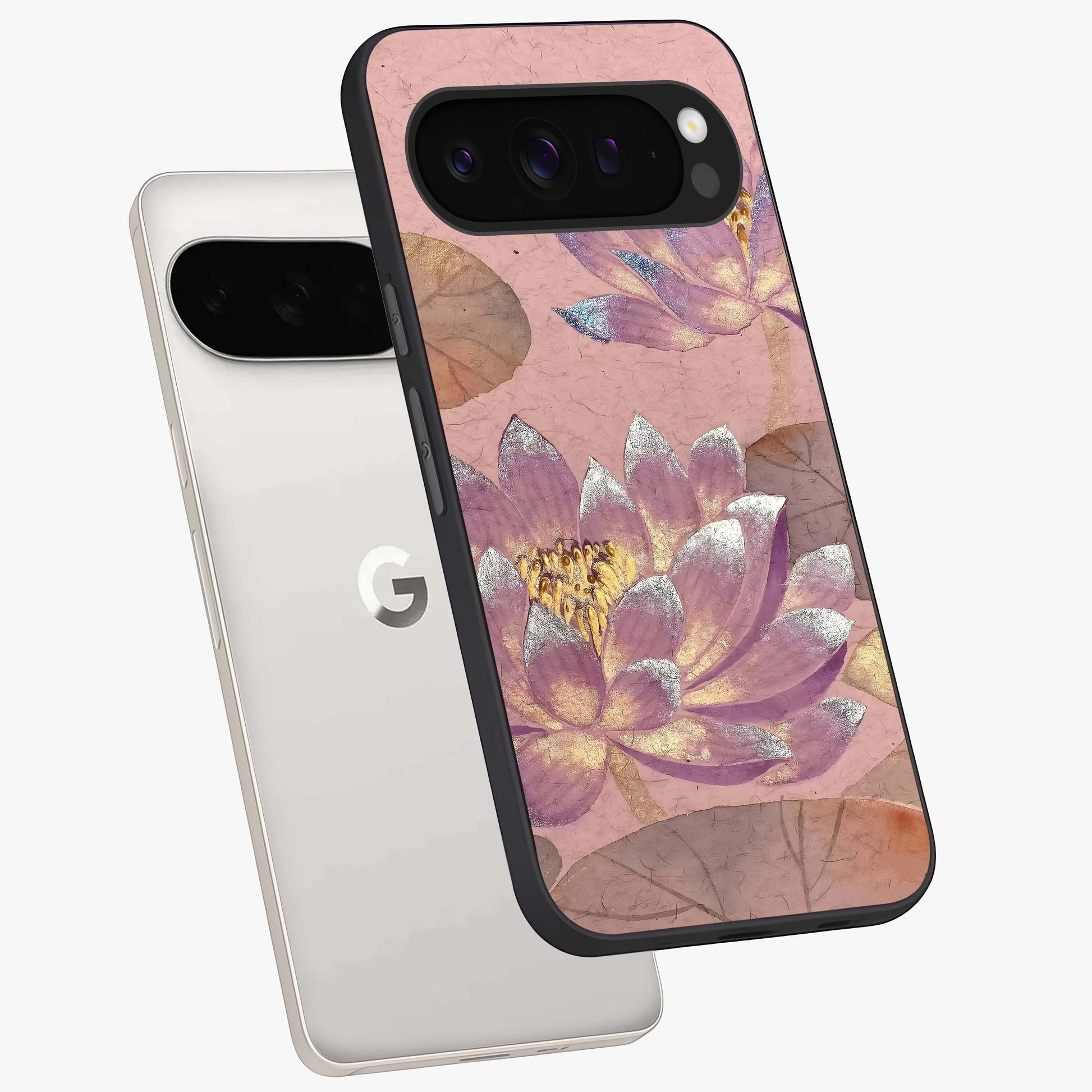 Blossom Mist Lotus Glass Case displayed in angled mockup highlighting delicate lotus illustration with calm aesthetic theme.