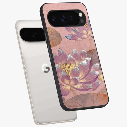 Blossom Mist Lotus Glass Case displayed in angled mockup highlighting delicate lotus illustration with calm aesthetic theme.
