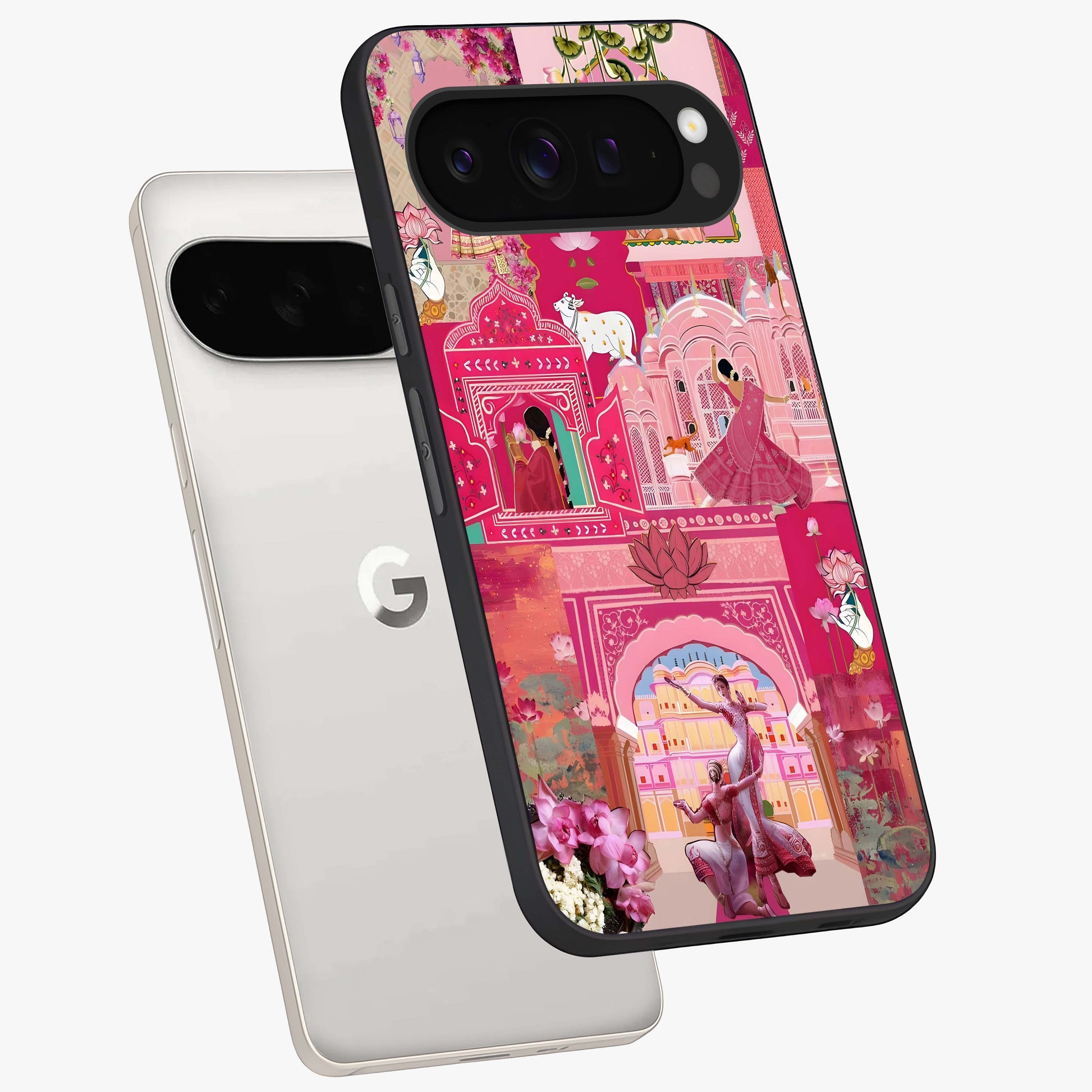 Blossoms of Rajasthan Glass Case displayed in angled mockup highlighting vibrant floral pattern with cultural aesthetic style.