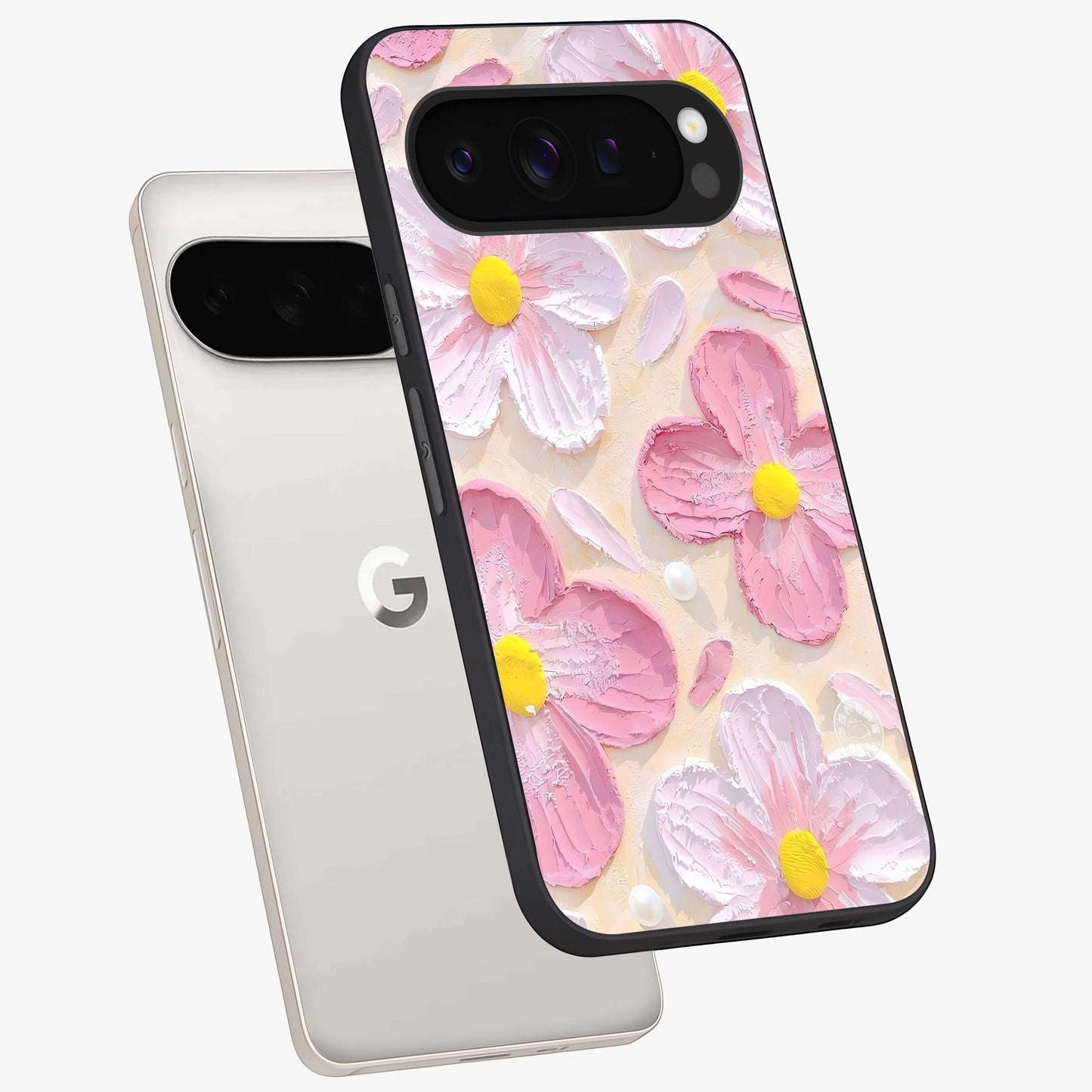 Blush Bloom Texture Glass Case displayed in angled mockup highlighting subtle bloom pattern with aesthetic pastel design.
