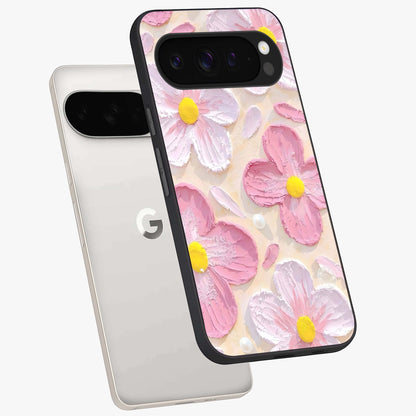 Blush Bloom Texture Glass Case displayed in angled mockup highlighting subtle bloom pattern with aesthetic pastel design.