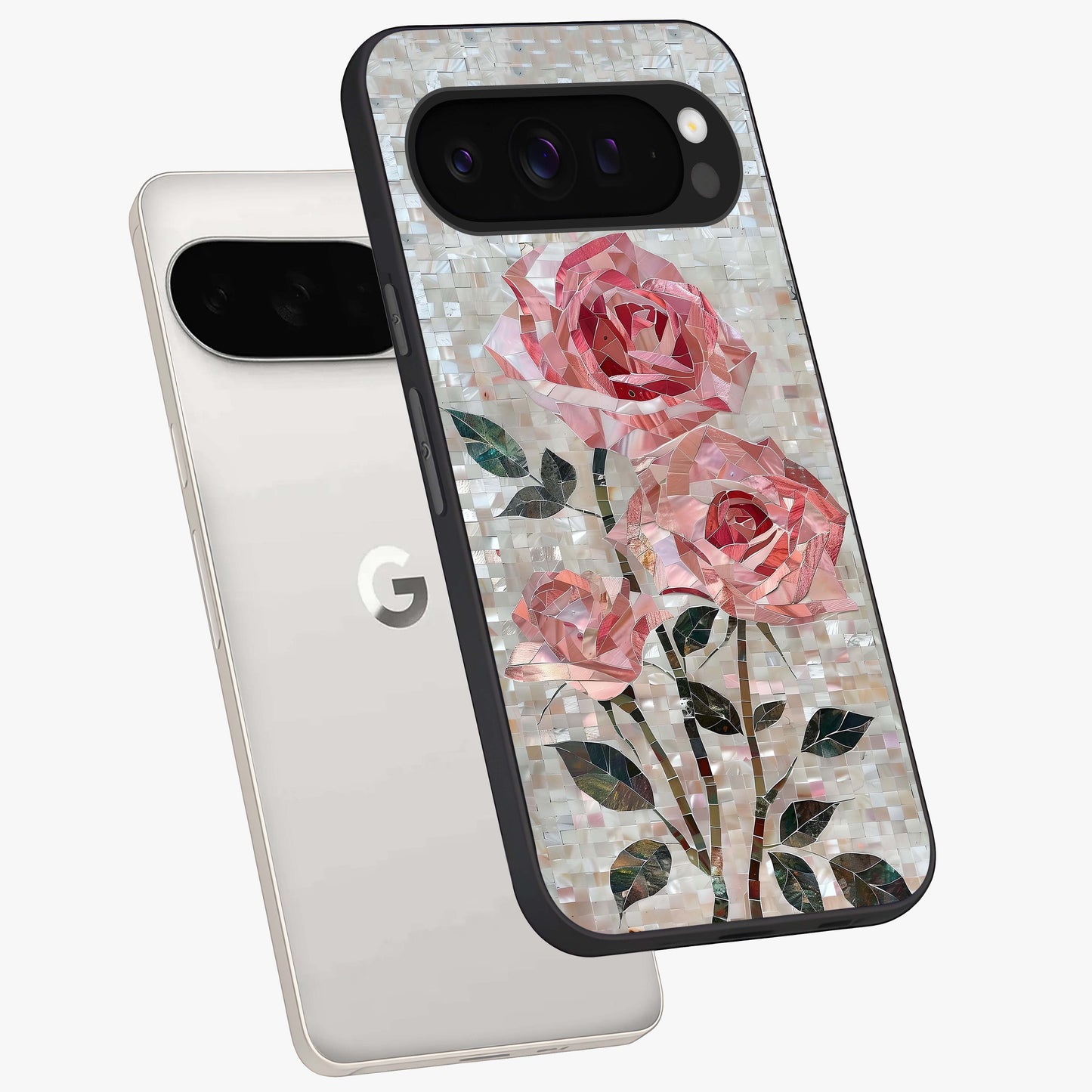 Blush Mosaic Bloom Glass Case displayed in angled mockup highlighting artistic mosaic flower pattern with aesthetic design.