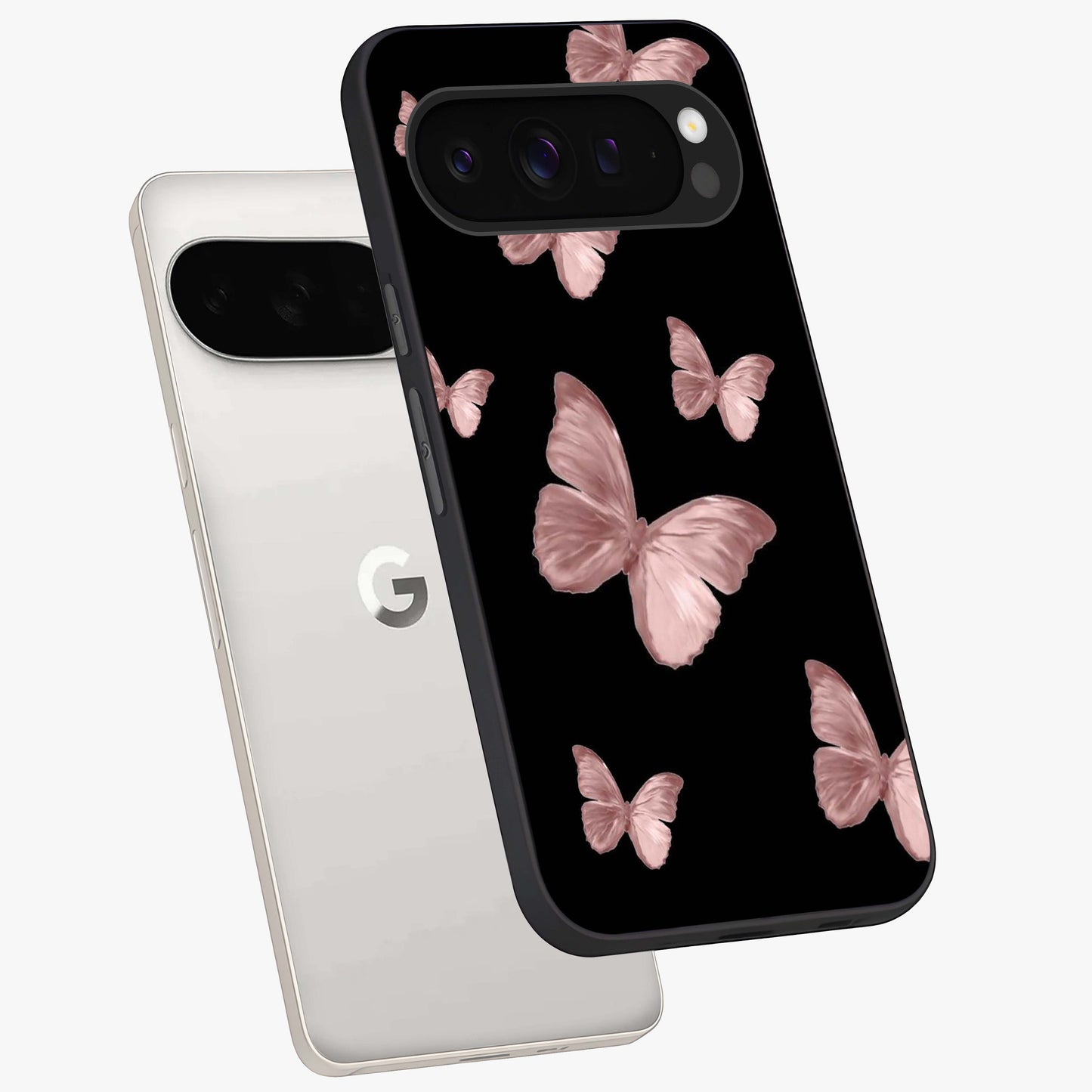 Butterfly Pattern Glass Case displayed in angled mockup highlighting delicate butterfly design and aesthetic pattern style.