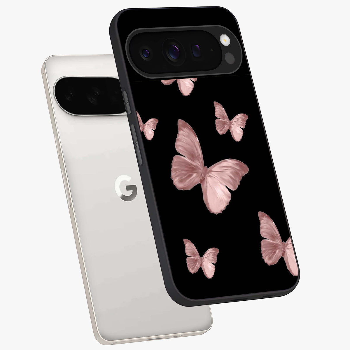 Butterfly Pattern Glass Case displayed in angled mockup highlighting delicate butterfly design and aesthetic pattern style.