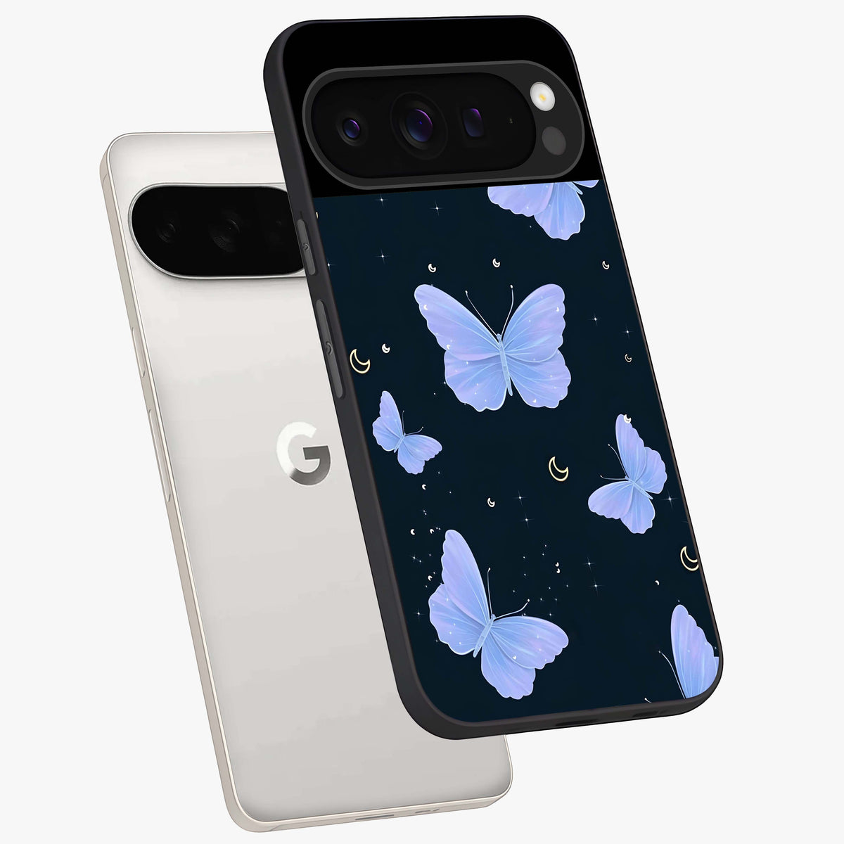Butterfly With Stars Pattern Glass Case displayed in angled mockup highlighting dreamy butterfly and star design with aesthetic theme.