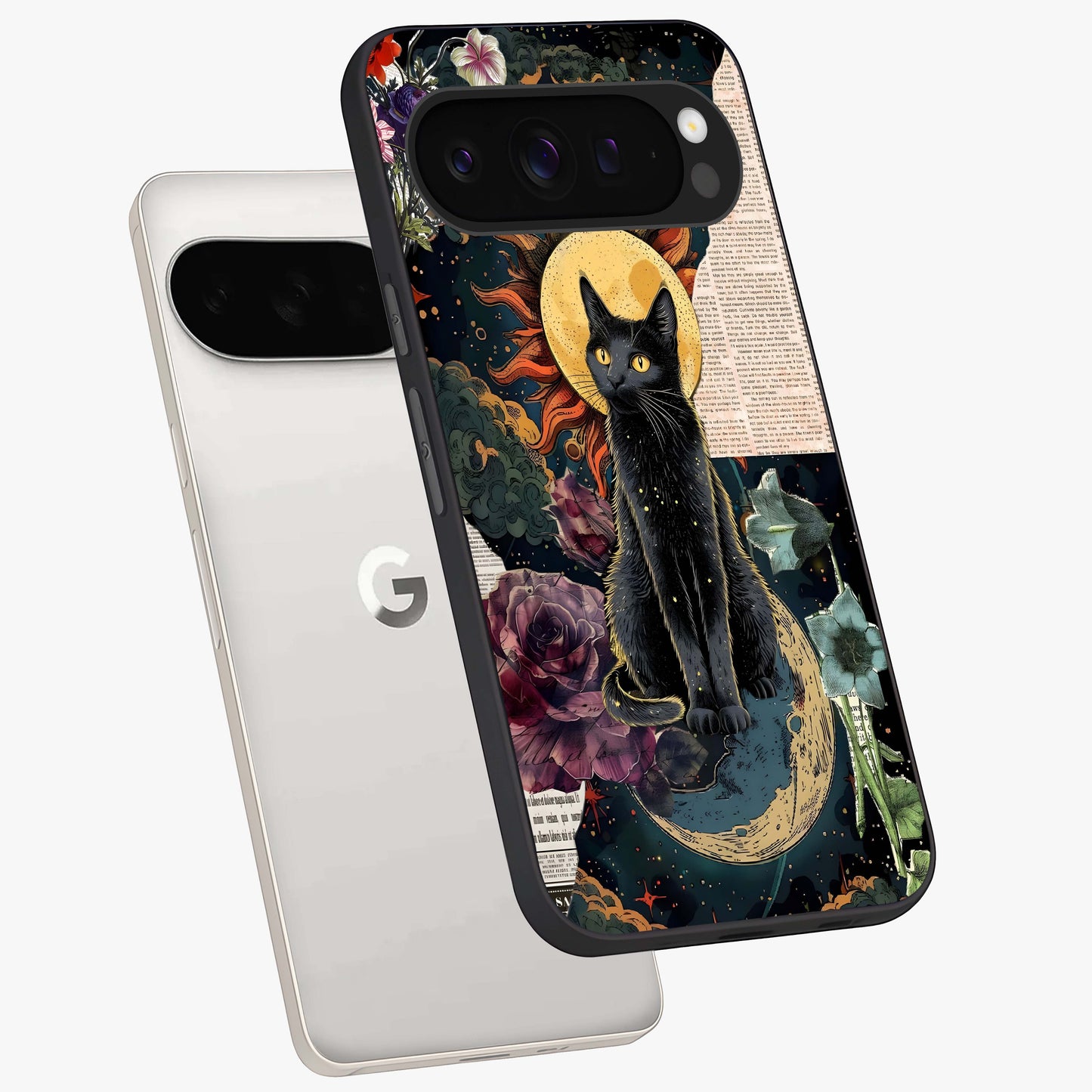 Celestial Black Cat Glass Case displayed in angled mockup highlighting cosmic black cat design with celestial aesthetic.