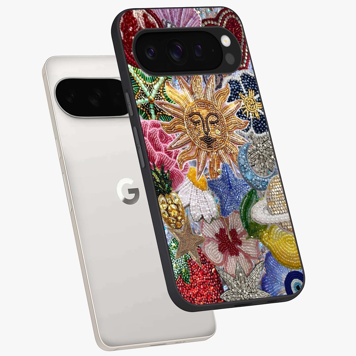 Celestial Floral and Playful Glass Case displayed in angled mockup highlighting playful floral design with dreamy celestial elements.