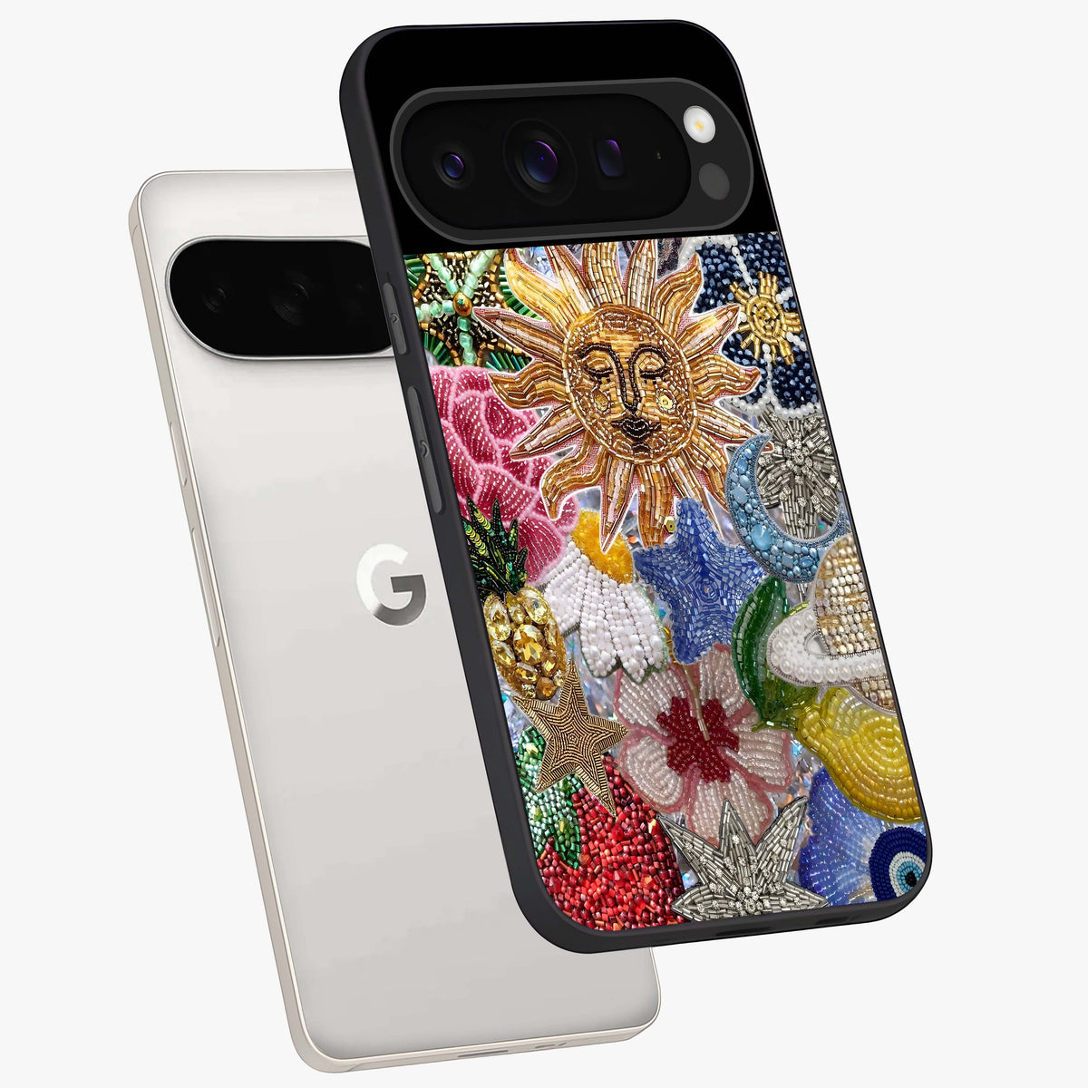 Celestial Floral and Playful Glass Case displayed in angled mockup highlighting playful floral design with dreamy celestial elements.