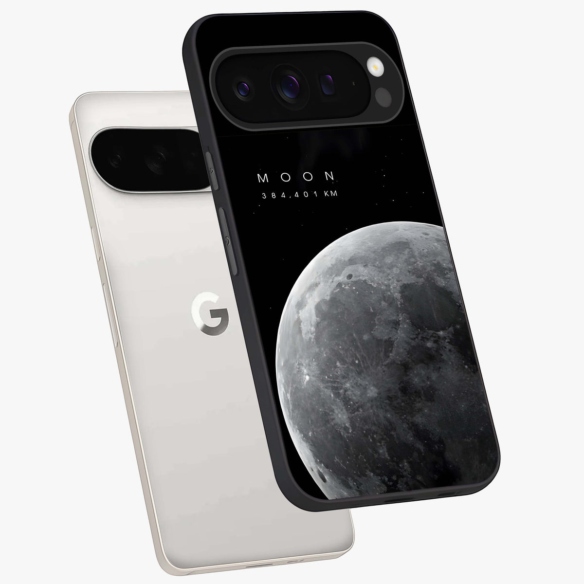 Cosmic Moon Glow Glass Case displayed in angled mockup highlighting celestial moon design with cosmic aesthetic theme.