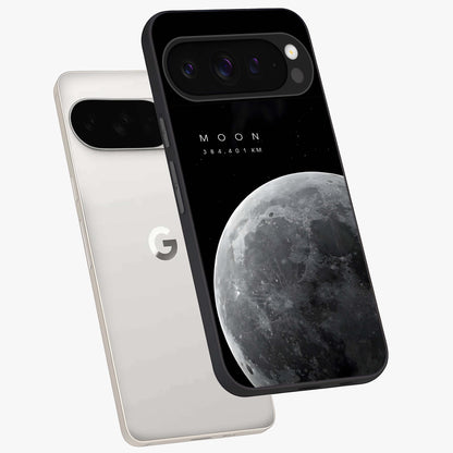Cosmic Moon Glow Glass Case displayed in angled mockup highlighting celestial moon design with cosmic aesthetic theme.
