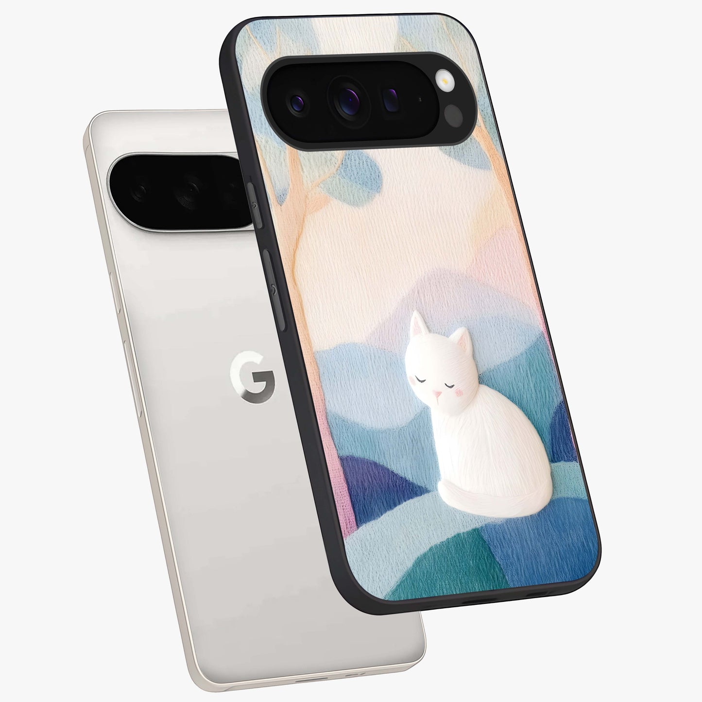 Cotton Dream Cat Glass Case displayed in angled mockup highlighting cute feline illustration with pastel aesthetic style.